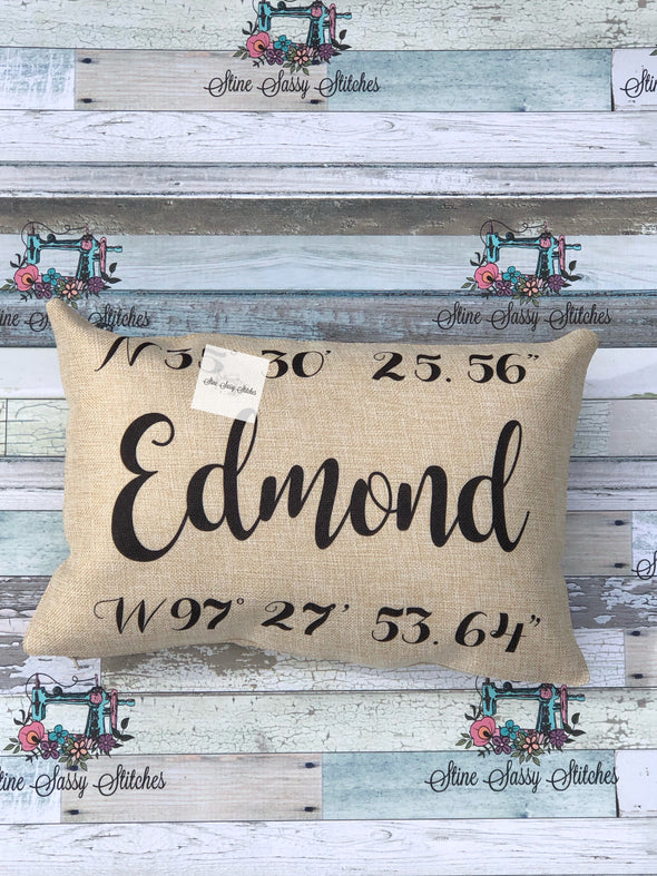Edmond GPS Coordinates Burlap Pillow cover