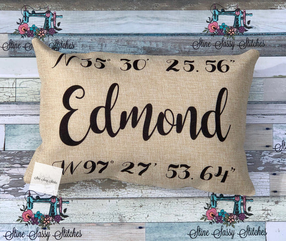Edmond GPS Coordinates Burlap Pillow cover