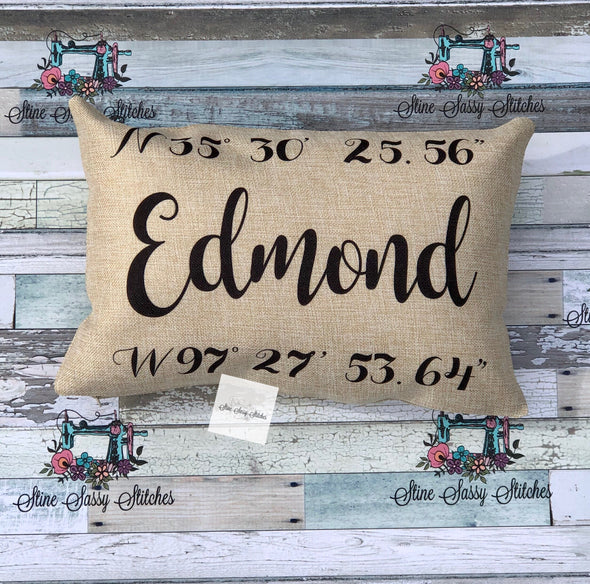 Edmond GPS Coordinates Burlap Pillow cover