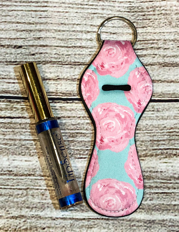 Keyring lip gloss  Pink roses teal background