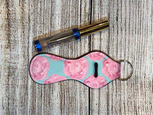 Keyring lip gloss  Pink roses teal background