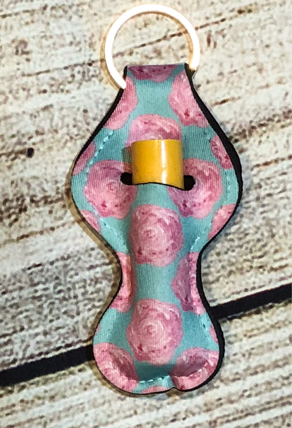 Keyring Lip balm holder Pink Rose floral teal background sublimated design