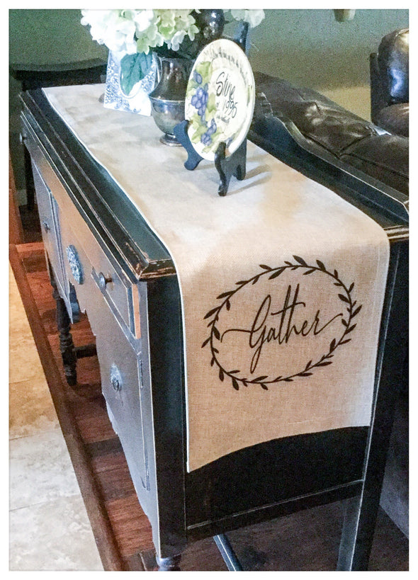 Table runner|Gather| Burlap| Rustic|Simple|Farmhouse Style|Decor| Gift for Mom|Wedding Gift
