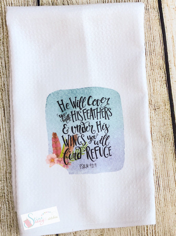 Kitchen Tea Towels Inspirational Scripture Under His Wings Floral feather swag