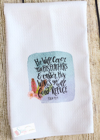 Kitchen Tea Towels Inspirational Scripture Under His Wings Floral feather swag