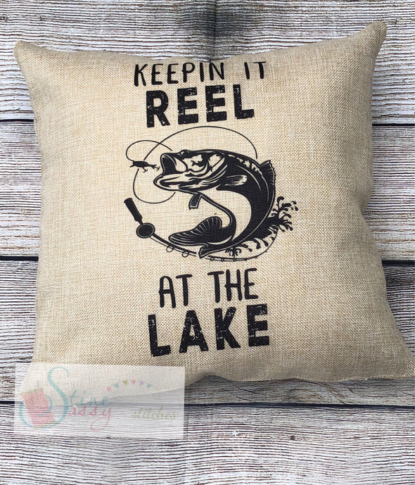 Keepin It Reel Fishing Pillow Cover Faux Burlap throw pillow cover Gift for him lake decor