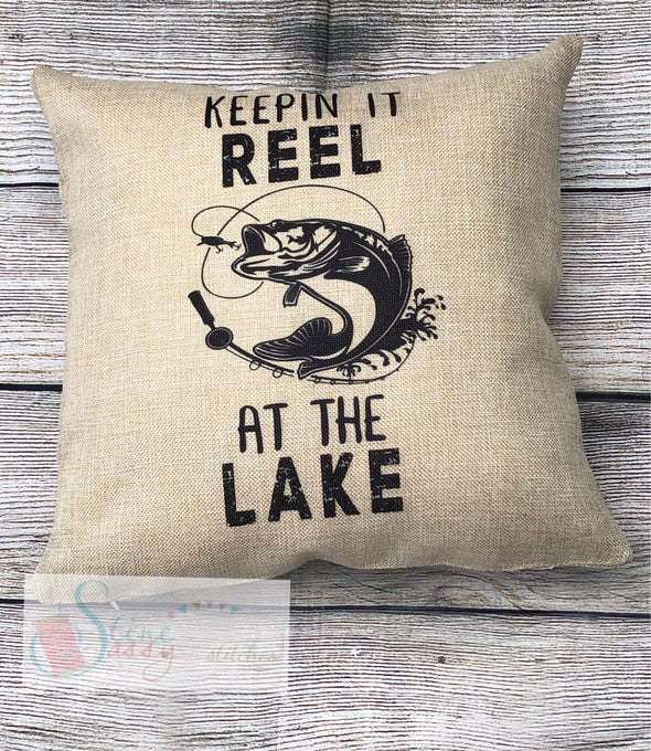 Keepin It Reel Fishing Pillow Cover Faux Burlap throw pillow cover Gift for him lake decor