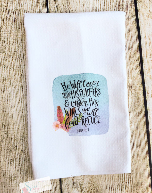 Kitchen Tea Towels Inspirational Scripture Under His Wings Floral feather swag