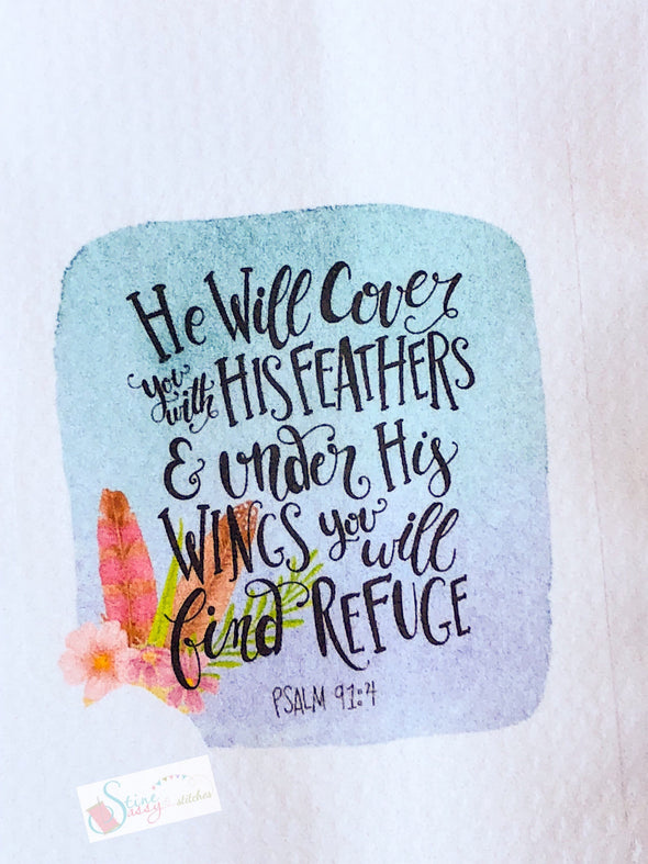 Kitchen Tea Towels Inspirational Scripture Under His Wings Floral feather swag