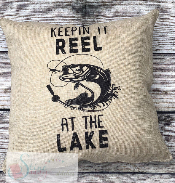 Keepin It Reel Fishing Pillow Cover Faux Burlap throw pillow cover Gift for him lake decor