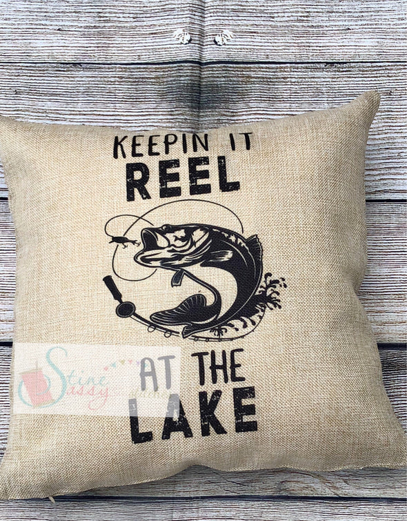 Keepin It Reel Fishing Pillow Cover Faux Burlap throw pillow cover Gift for him lake decor