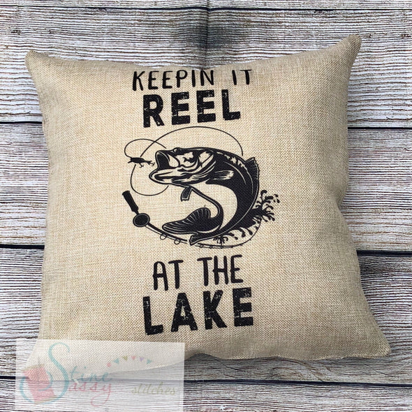 Keepin It Reel Fishing Pillow Cover Faux Burlap throw pillow cover Gift for him lake decor