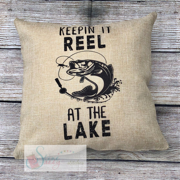 Keepin It Reel Fishing Pillow Cover Faux Burlap throw pillow cover Gift for him lake decor