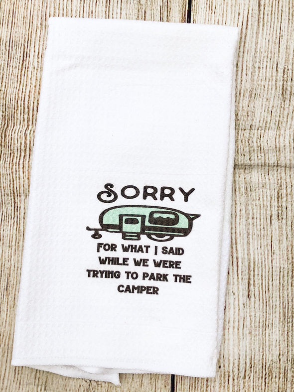 Camper Kitchen waffle weave Tea Towel Sorry Camper Camping Decor Personalize