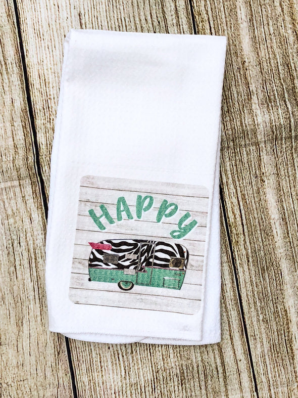 Happy Camper Waffle Weave Kitchen Tea Towel with zebra accents