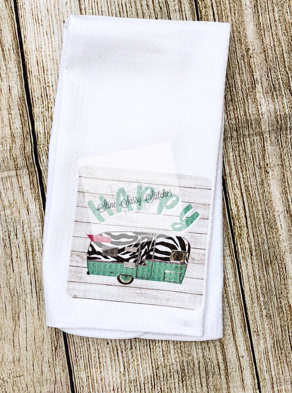 Happy Camper Waffle Weave Kitchen Tea Towel with zebra accents