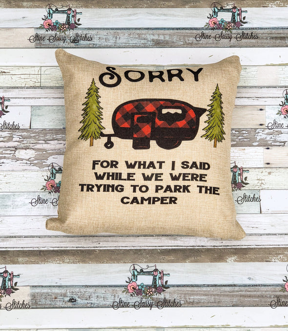 Camping Pillow Buffalo Plaid Camper or Travel Trailer  Burlap Sorry for What I Said