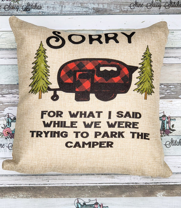 Camping Pillow Buffalo Plaid Camper or Travel Trailer  Burlap Sorry for What I Said