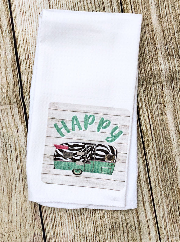 Happy Camper Waffle Weave Kitchen Tea Towel with zebra accents