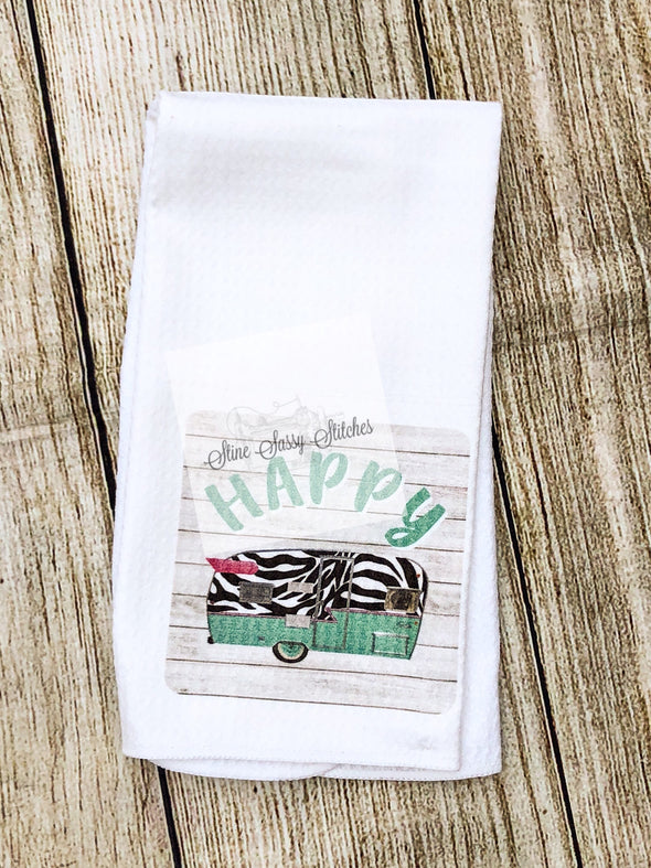 Happy Camper Waffle Weave Kitchen Tea Towel with zebra accents