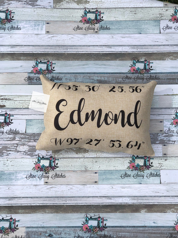 Longitude Latitude Coordinate Burlap Pillow  Edmond OK